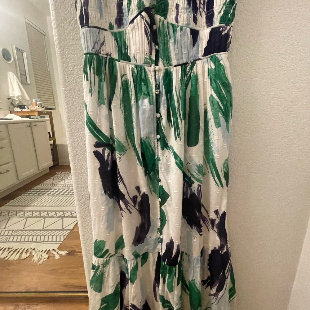 Anthropologie Cream Maxi Dress with Green & Navy Print - Picture 4 of 7